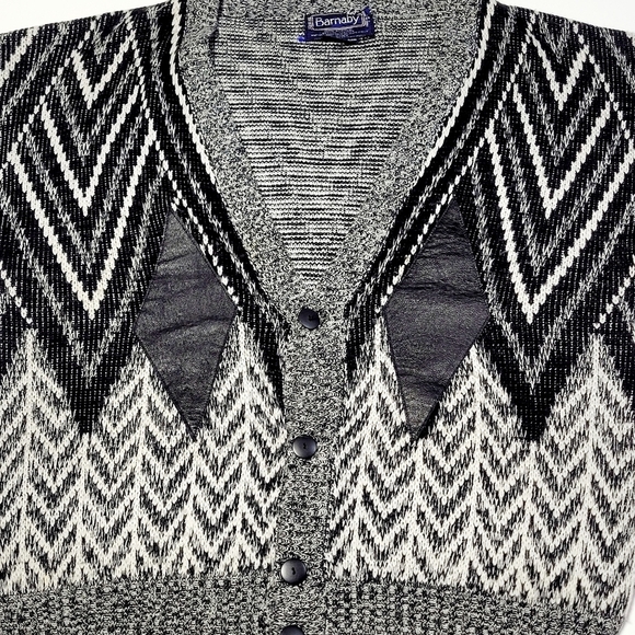 VTG Barnaby Men’s Grandpa Chevron Knit & Leather Diamond Accent Cardigan (XL) - Picture 8 of 11